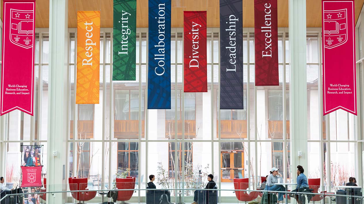 Olin's values hang on banners in the school's atrium