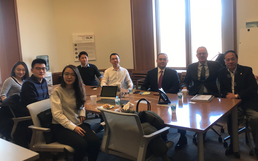 Albert Ip, WashU trustee member and executive fellow in Asia; Greg Hutchings, Weston Career Center; Roger Shi, Mack Yang, Wendy Cai, Ethan Xu, Sarah Liu.