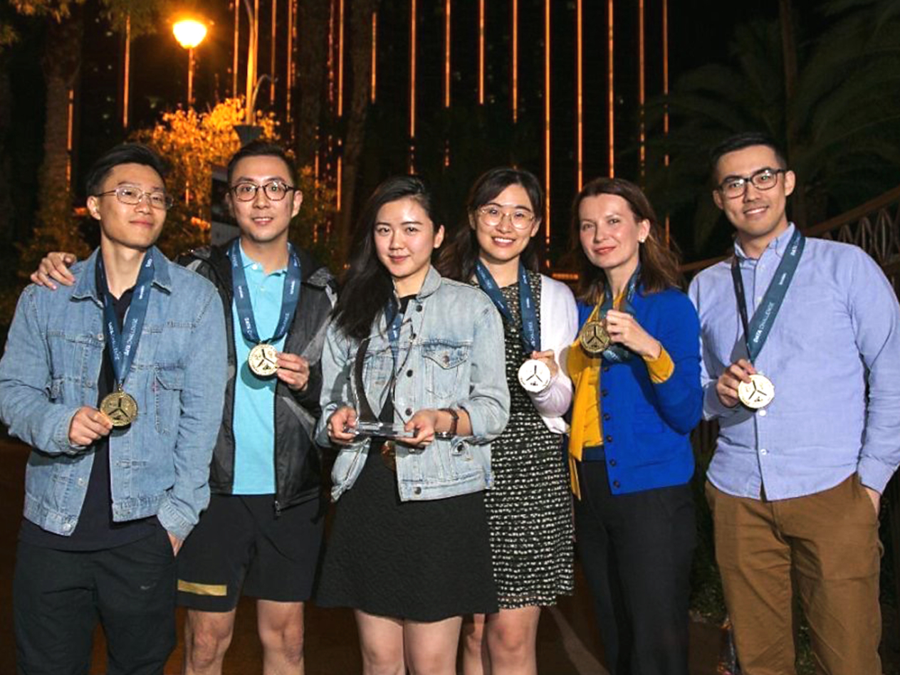 Pictured above with their medals from the Teradata Data Challenge: Di Ai; Songyi Wang; Ariel Tien; Eileen Liu; Olin faculty advisor Yulia Nevskaya; and Ziwei Lu.