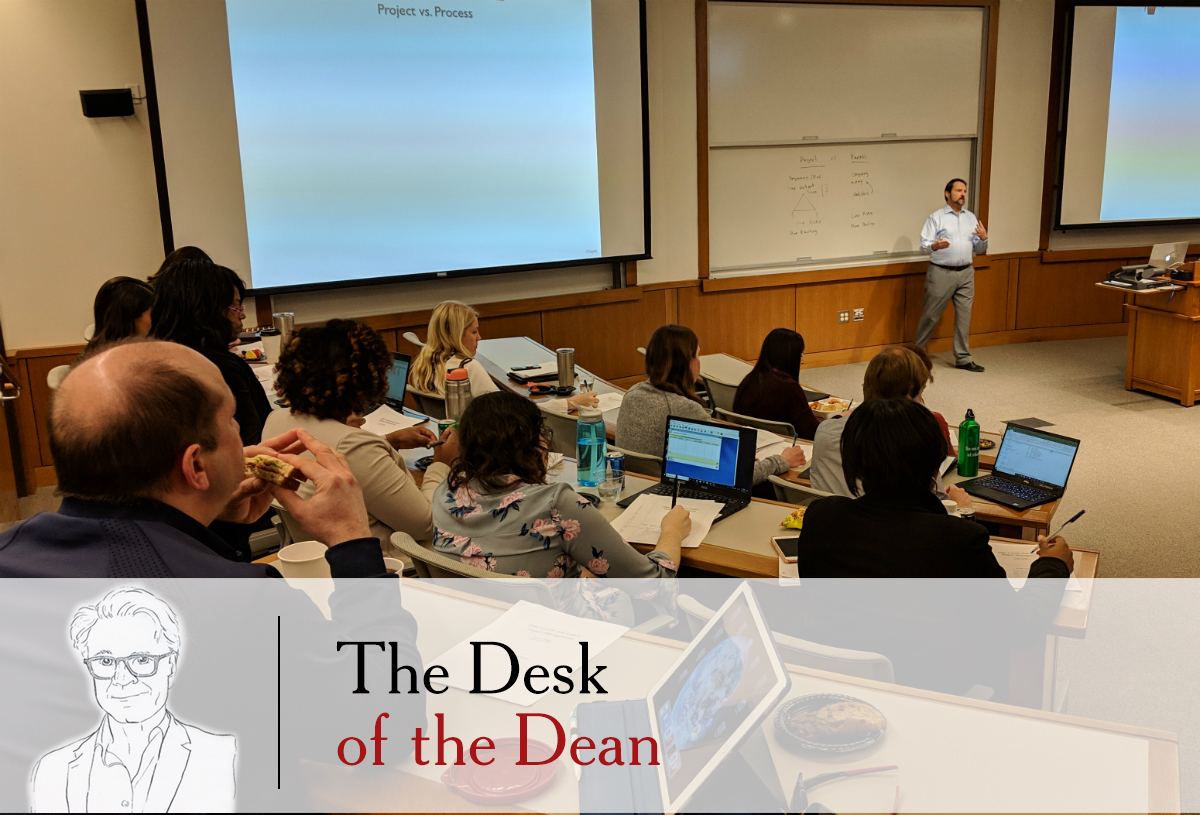 Olin Professor Sergio Chayet, director of the master of science in supply chain management program, hosts a lunch-and-learn for Olin staff and faculty on project management on January 25, 2019.