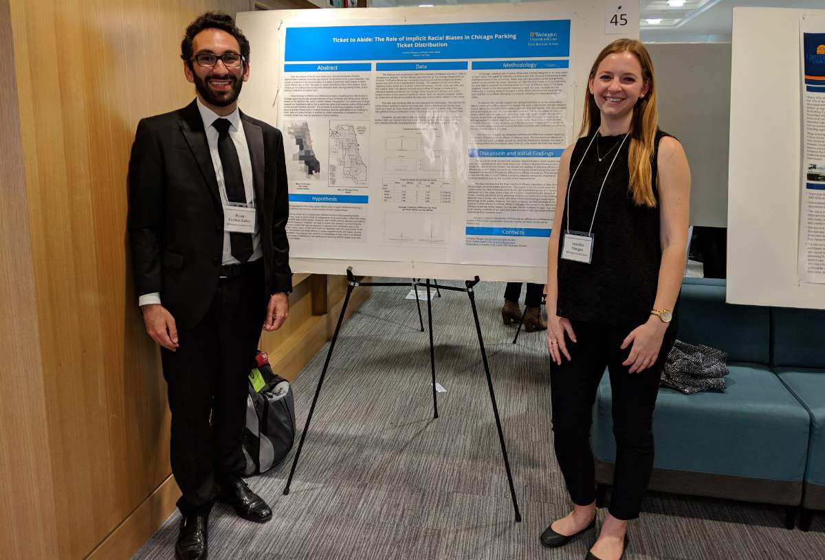 Annelise Morgan and Ryan Farhat-Sabet, BSBA ’19, present their work on bias in Chicago parking tickets from their honors thesis course.