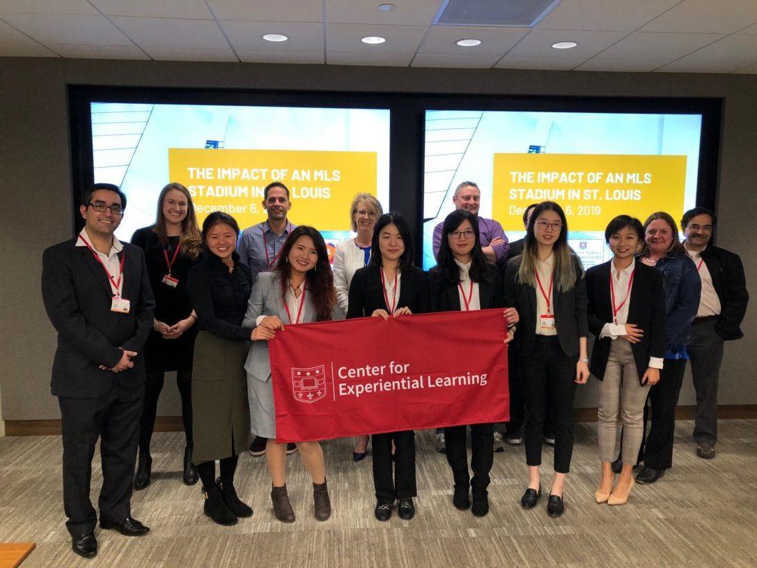 Muhammad Hassan, MBA 2020; Sarah Fuller, MBA 2020 and CEL-fellow; a representative from Mastercard; Michael Wall, CEL/CABI faculty adviser; Phoebe Do, MBA 2020; another client representative; Yuyun Li, MSCA 2019; Pamela Chen, MSCA 2019; another client representative; Hanzu Xu, MSCA 2019; Siyi Wang, MSCA 2019; another client representative; Seethu Seetharaman, CEL/CABI faculty adviser.