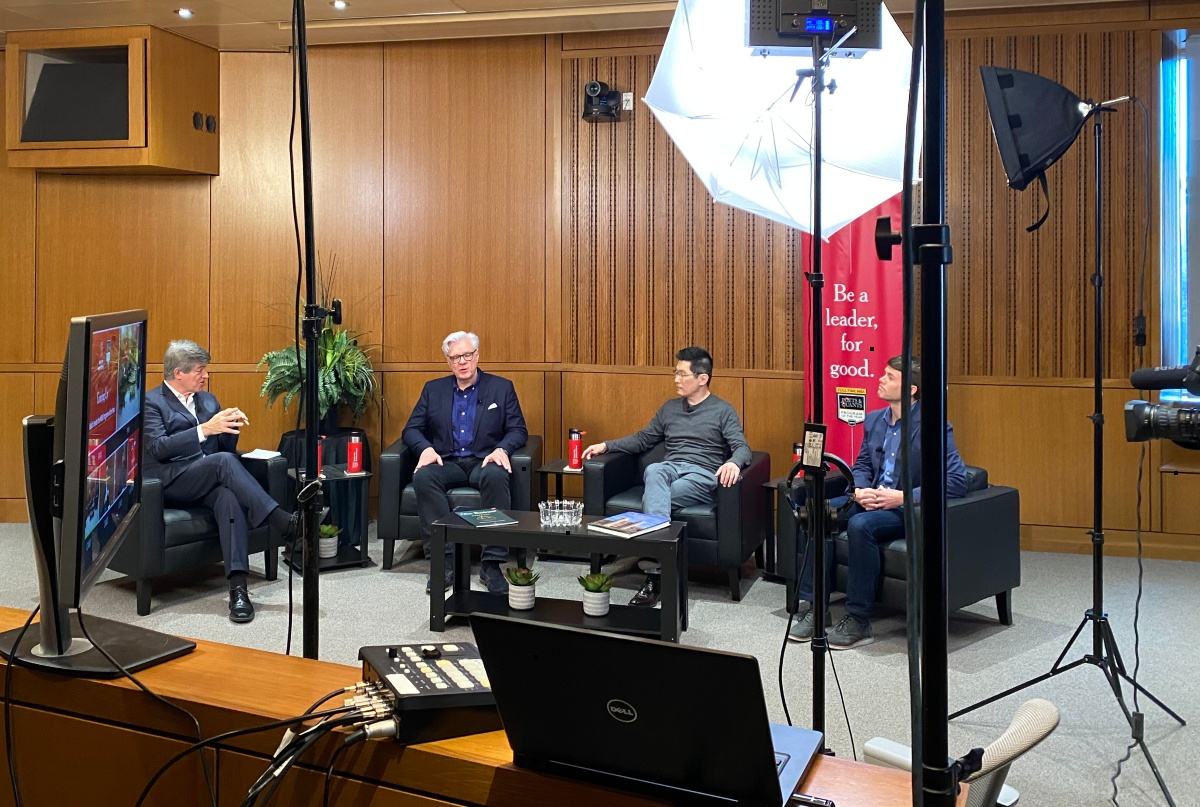 John Byrne, editor-in-chief of Poets & Quants, interviewing Dean Mark Taylor, Sam Chun and Andrew Knight for the livestream broadcast today.