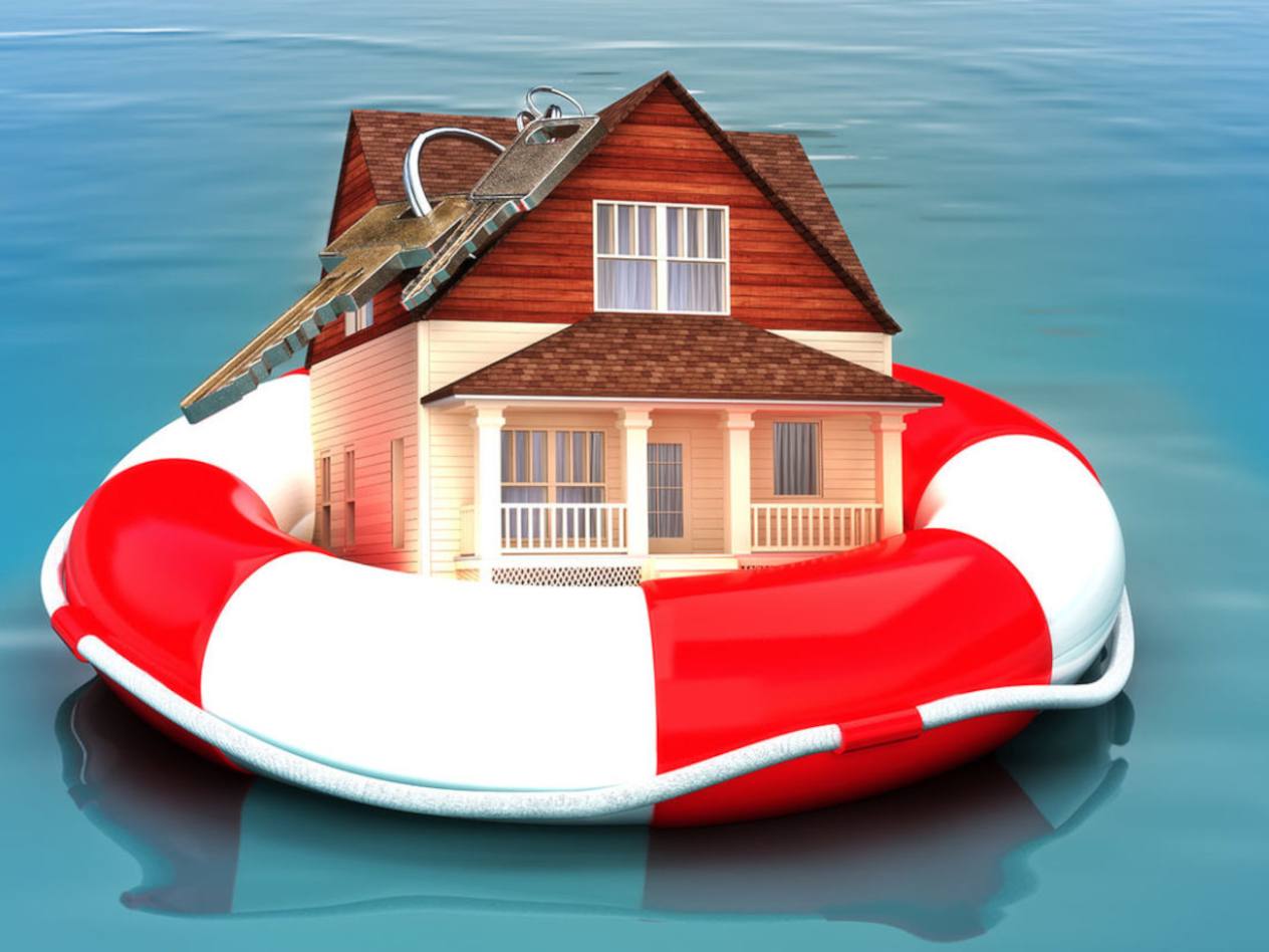 Image of a house in a liferaft in water meaning home equity
