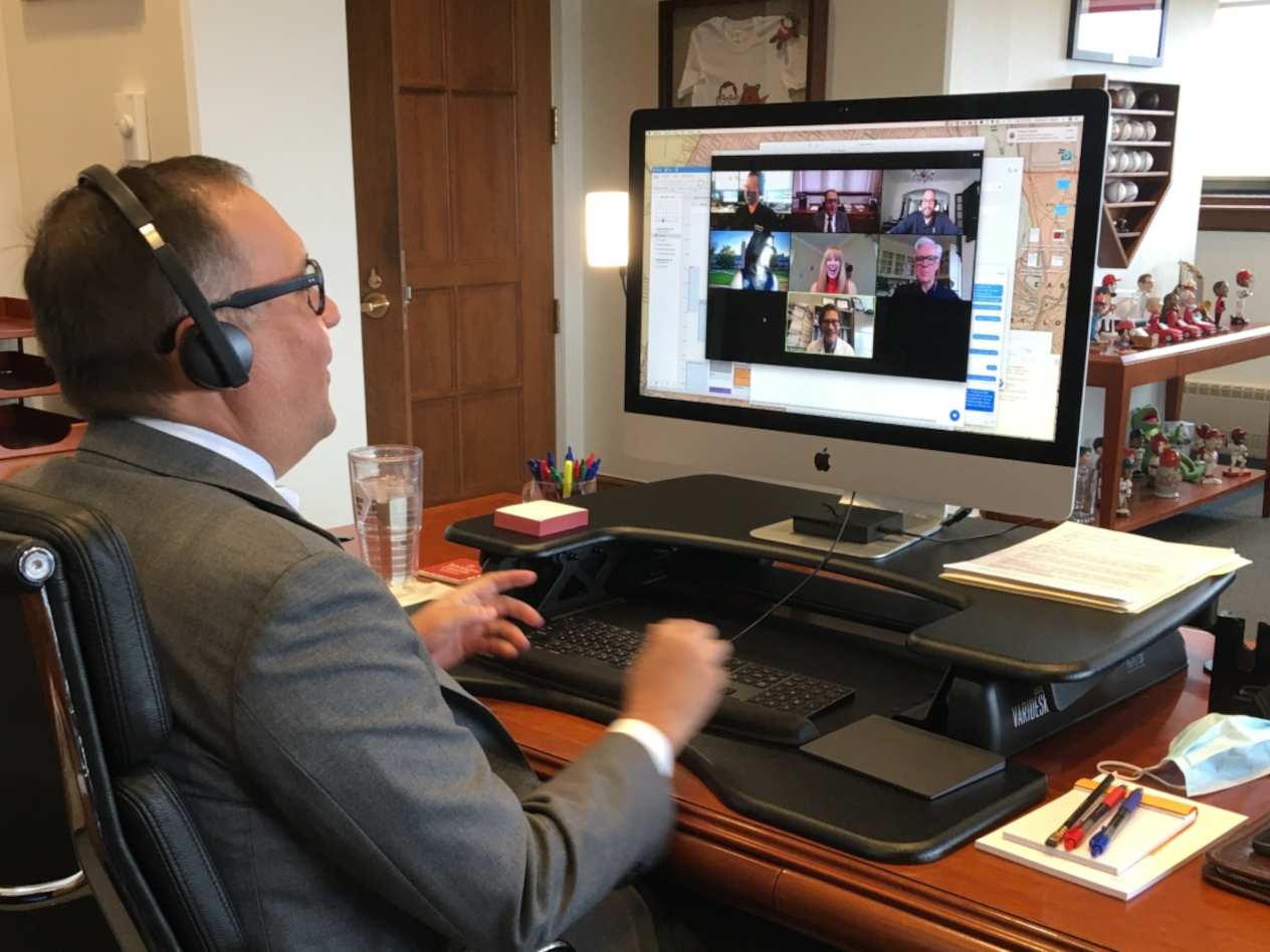 Pictured at top: Chancellor Andrew D. Martin from his office, engaging viewers through Zoom during his Leadership Perspectives presentation for Olin on September 29, 2020 (photo/Nancy Lyons).