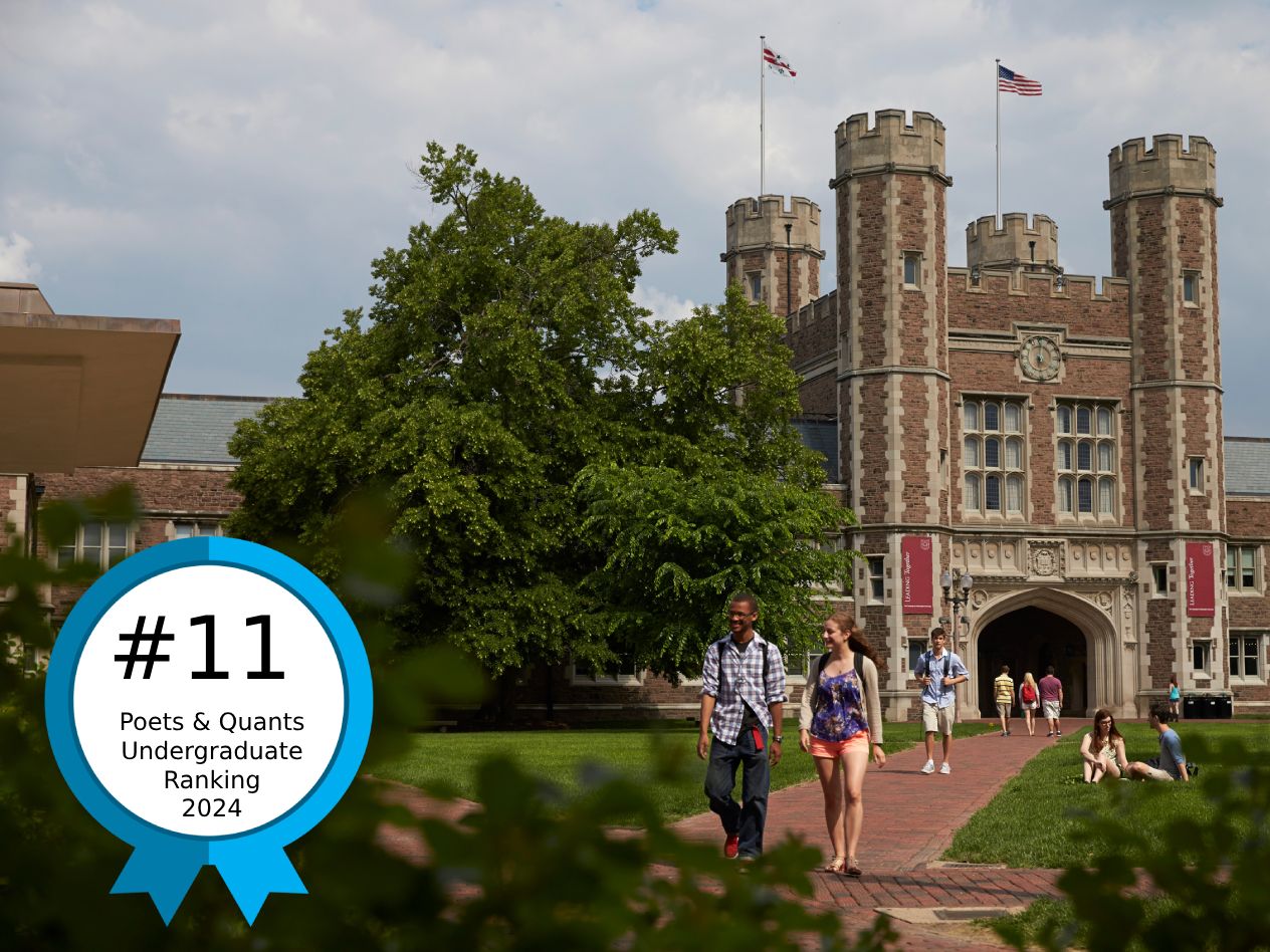 A picture of WashU's Brookings Hall over which is superimposed the words "#11 Poets & Quants undergraduate ranking 2024"