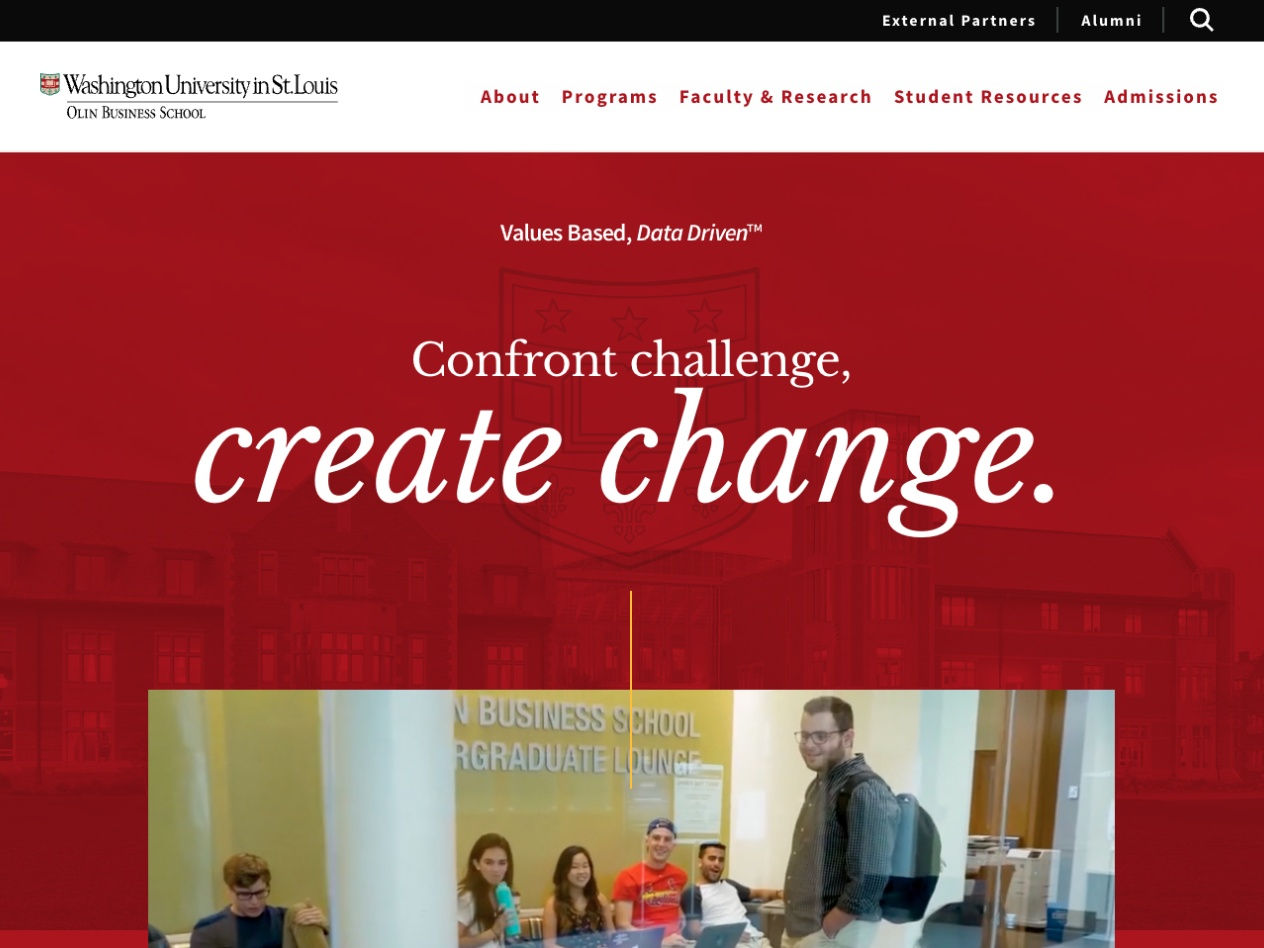 A screenshot of WashU Olin's new home page