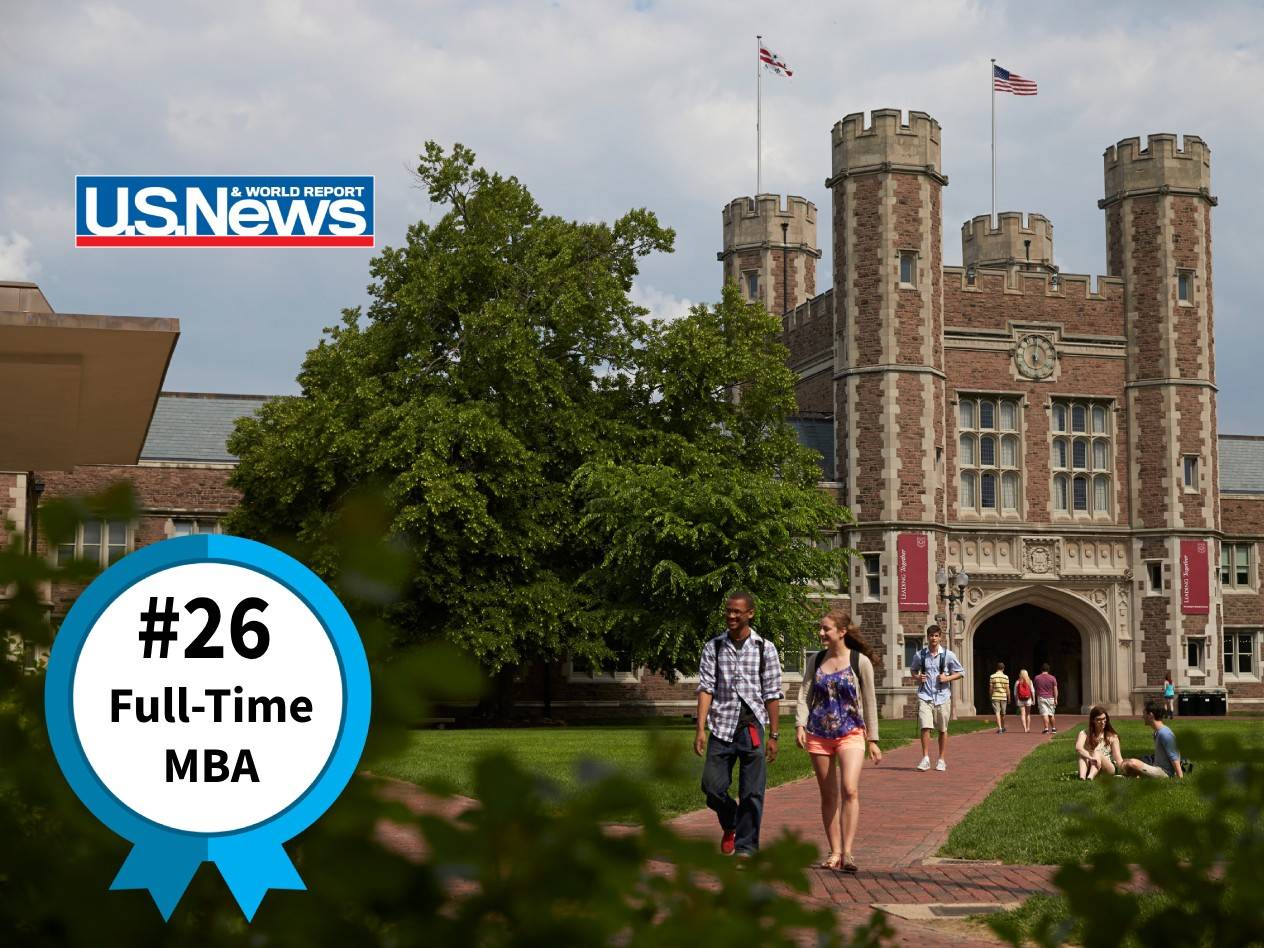 Brookings Hall with badge overlaid showing 2025 US News MBA ranking of 26th