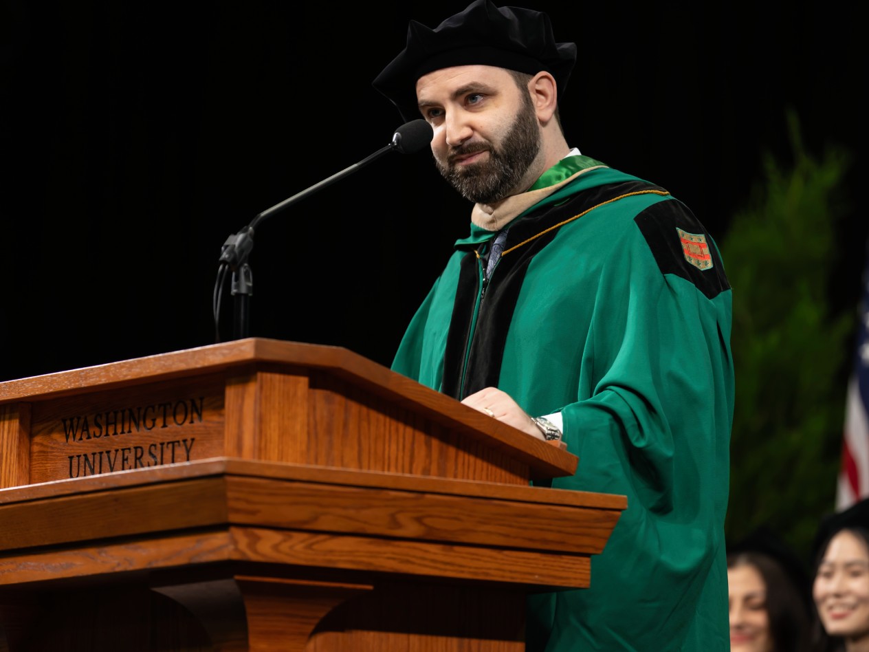 Nigel Hoffman, MBA 2024, speaks to his classmates at the commencement celebration May 13, 2024.
