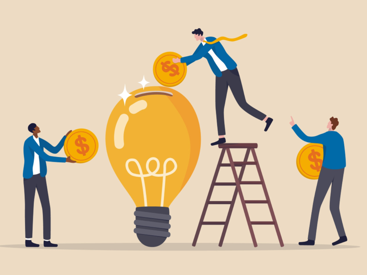 Illustration of people putting money into a light bulb representing an idea