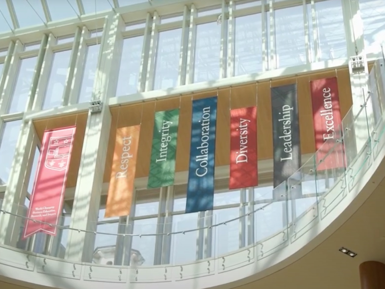WashU Olin values displayed in our atrium