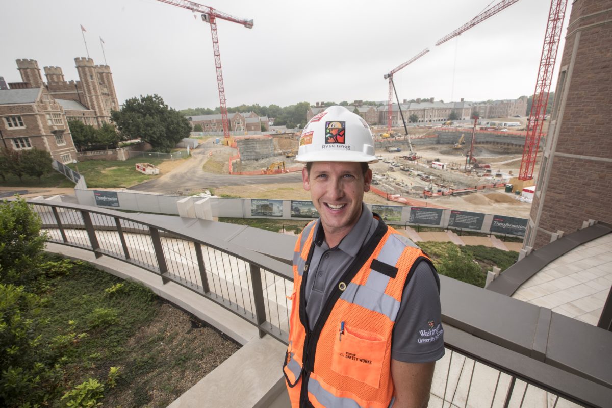 Ryan Moss, BSBA ’01, BSCE ’01, is serving as the project manager for McCarthy on the East End transformation. Photos by Joe Angeles/Washington University