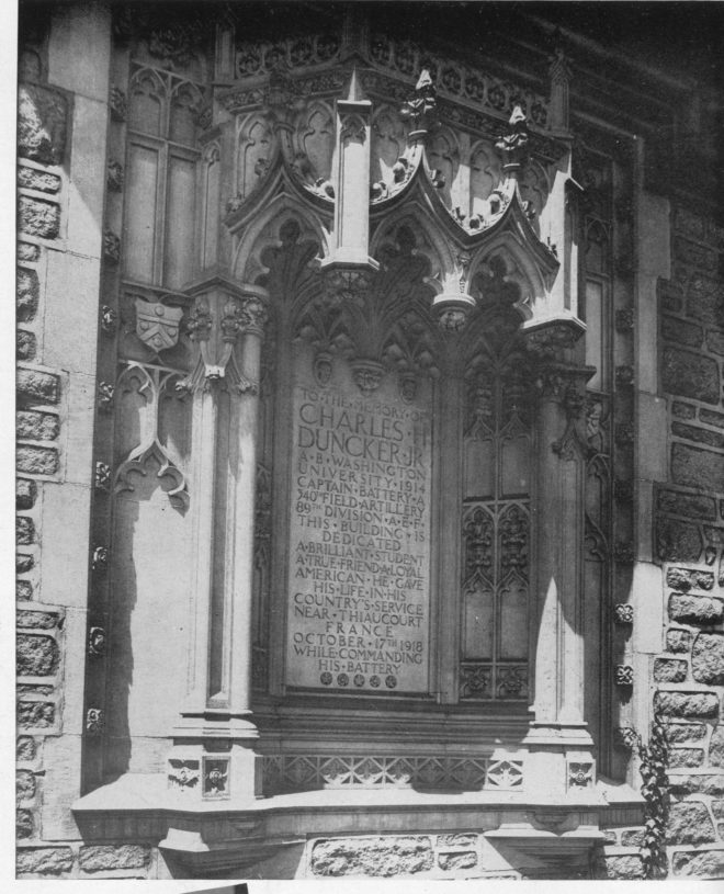 The memorial tablet on the side of Duncker Hall facing the Brookings Quad.