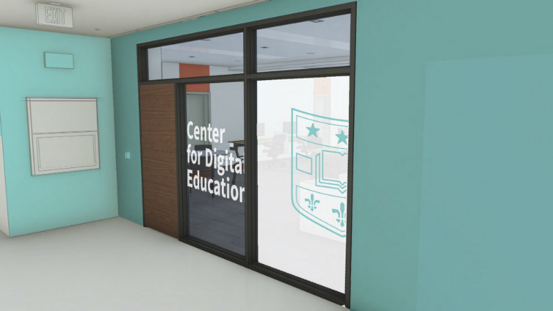 Another view of the planned entrance to the Center for Digital Education. Rendering by Katie Wools.