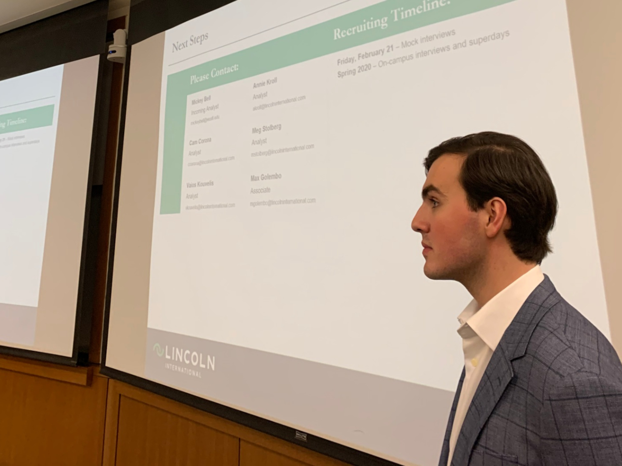 Vaios Kouvelis ’19 shared his insights as a current IB analyst in the Lincoln International info session on February 20.