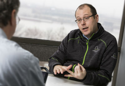 Eric Moraczewski, EMBA ’16, interviewed at the Gateway Arch Park Foundation offices.