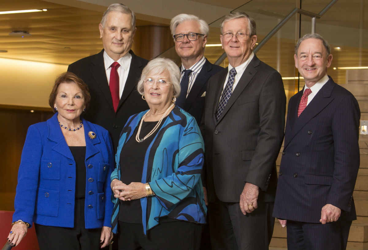 Fran and Elke Koch, first row. Paul Koch, Dean Mark Taylor, Roger Koch, and Chancellor Mark Wrighton on February 20, 2018, when the Kochs’ gift was announced.