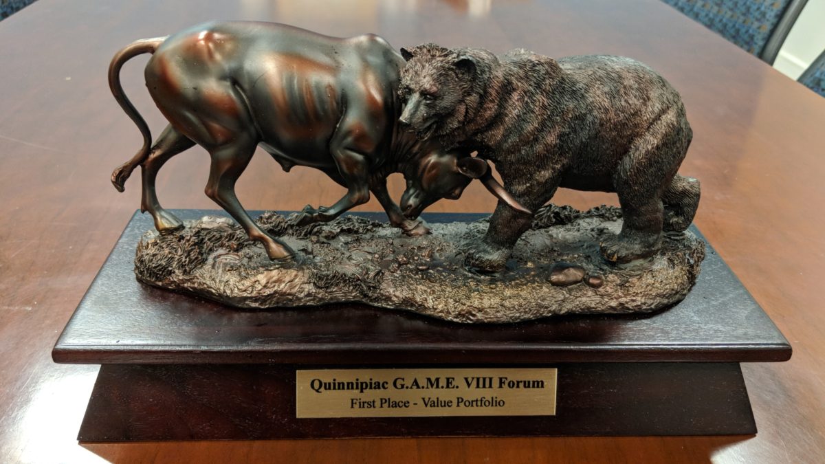 The trophy from the Quinnipiac G.A.M.E. Forum, 2018.