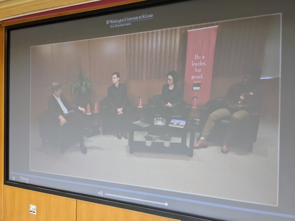 As displayed in Frick Forum, John Bryne interviews first-year MBA students Zach Frantz, Jennifer Lanas and Lungile Tshuma.
