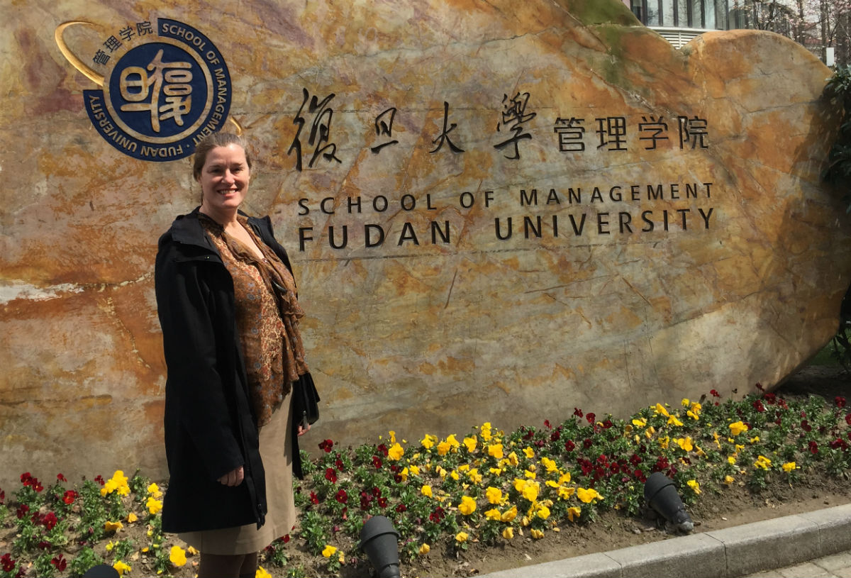The author in front of Fudan University in Shanghai, one of the stops we made on our International Residency in March 2015.